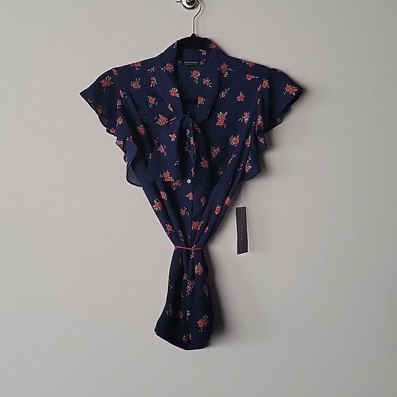 NWT Zara XS Navy Sheer Retro Coquette Neck Tie BOW Ruffle Cottagecore Blouse - Picture 10 of 13